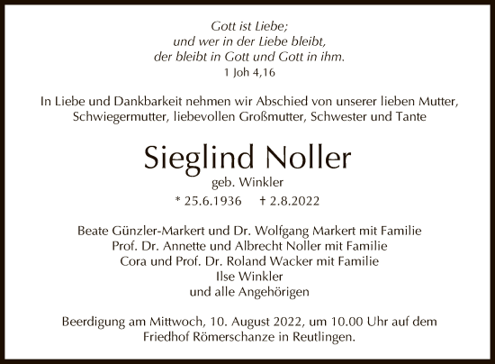 Anzeige von Sieglind Noller von Reutlinger General-Anzeiger