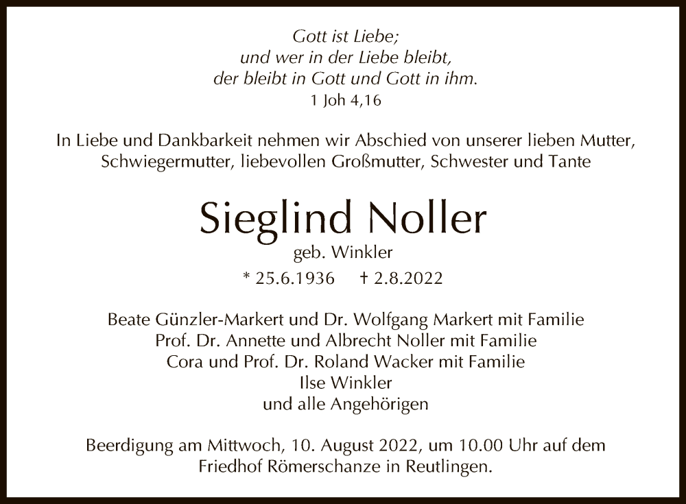  Traueranzeige für Sieglind Noller vom 06.08.2022 aus Reutlinger General-Anzeiger