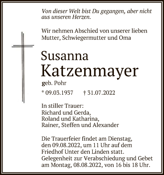 Anzeige von Susanna Katzenmayer von Reutlinger General-Anzeiger