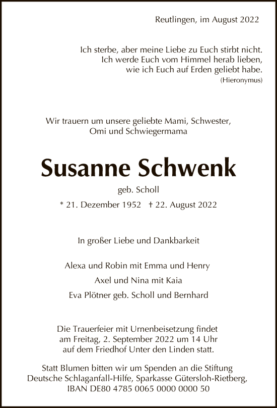 Anzeige von Susanne Schwenk von Reutlinger General-Anzeiger