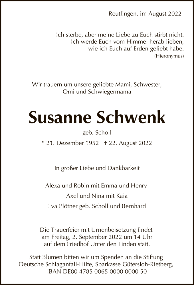  Traueranzeige für Susanne Schwenk vom 27.08.2022 aus Reutlinger General-Anzeiger