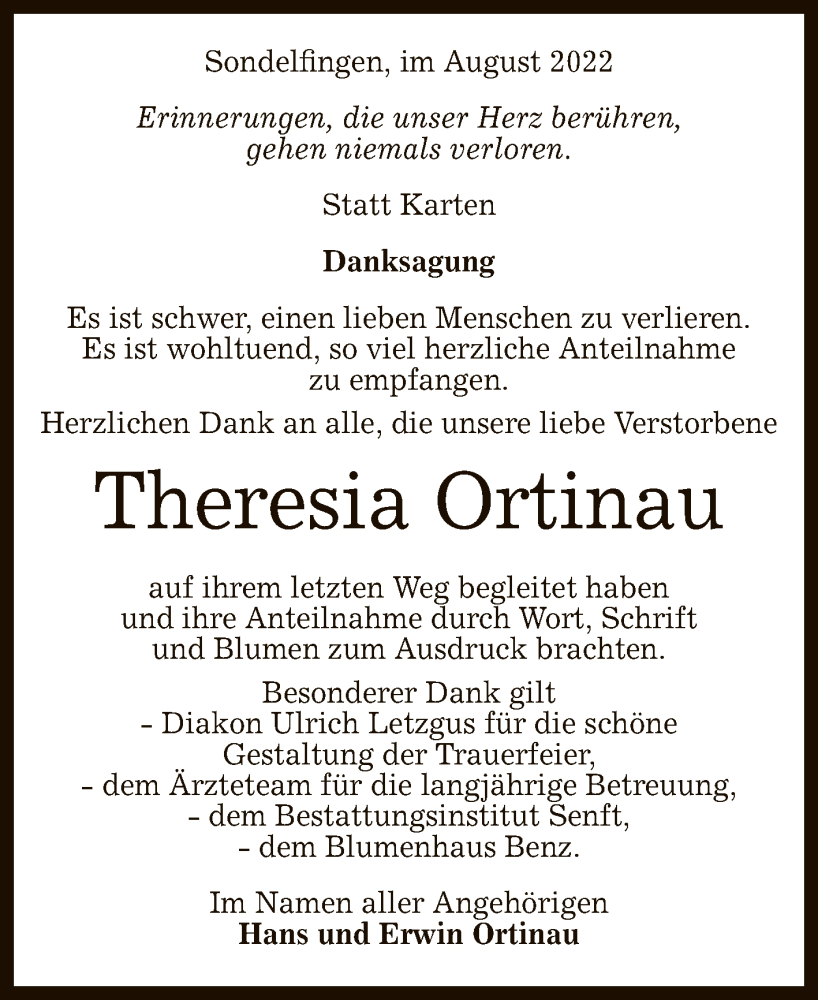 Traueranzeige für Theresia Ortinau vom 06.08.2022 aus Reutlinger General-Anzeiger