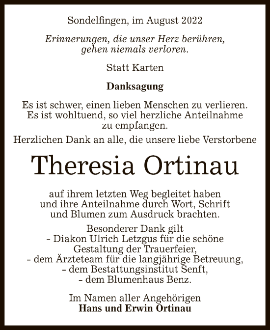 Anzeige von Theresia Ortinau von Reutlinger General-Anzeiger