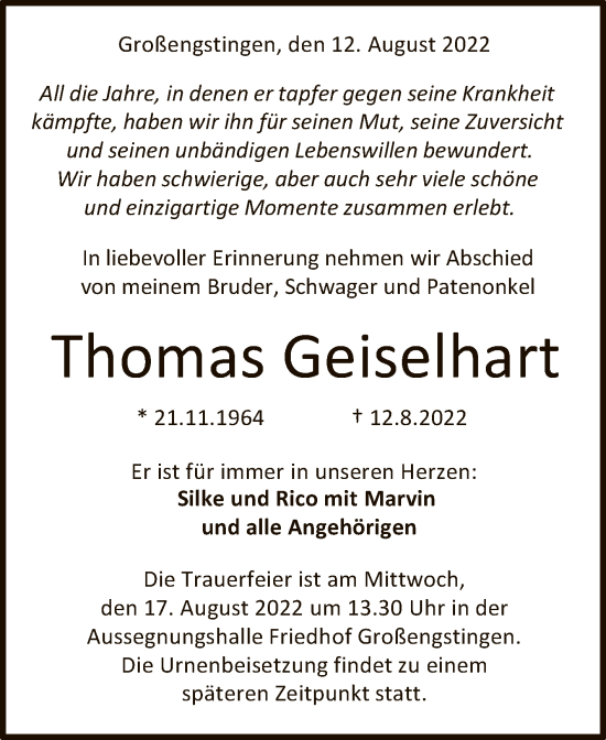 Anzeige von Thomas Geiselhart von Reutlinger General-Anzeiger