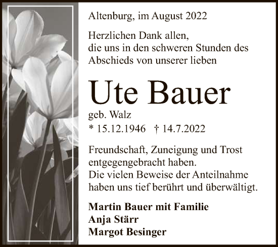 Anzeige von Ute Bauer von Reutlinger General-Anzeiger