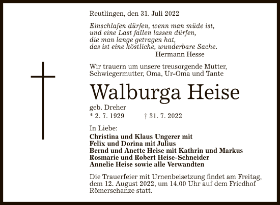 Anzeige von Walburga Heise von Reutlinger General-Anzeiger