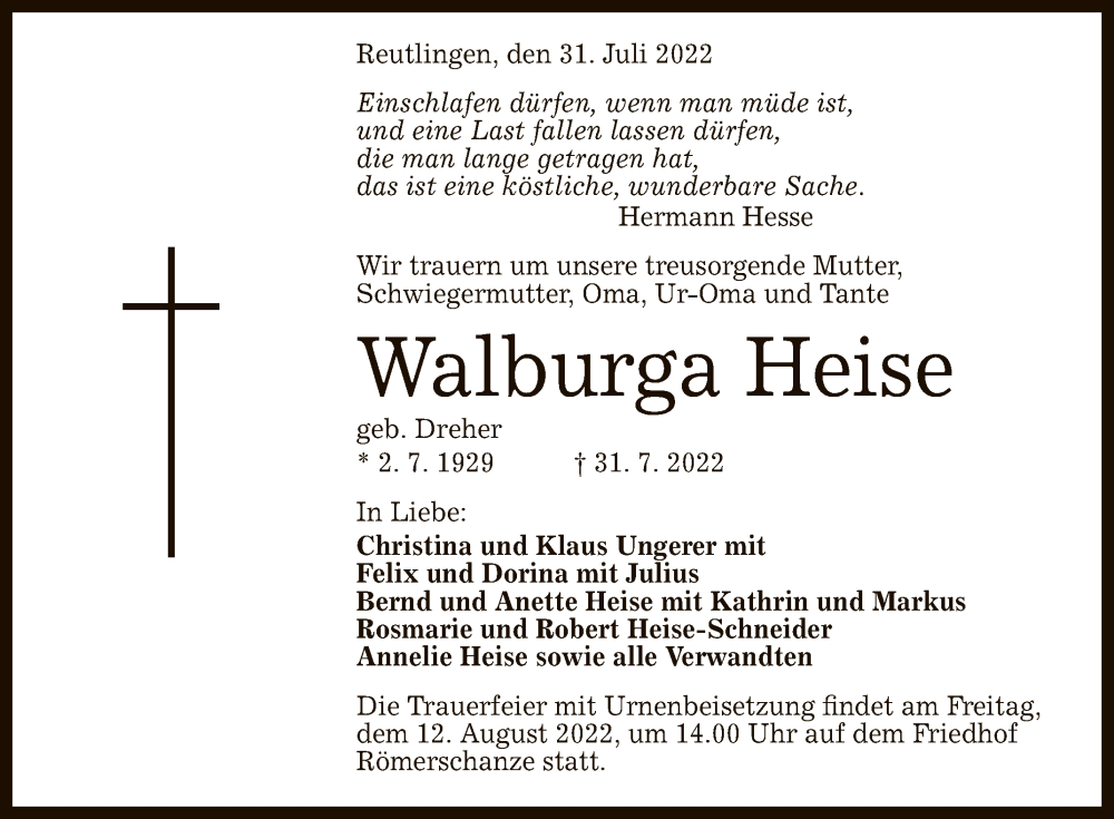  Traueranzeige für Walburga Heise vom 06.08.2022 aus Reutlinger General-Anzeiger