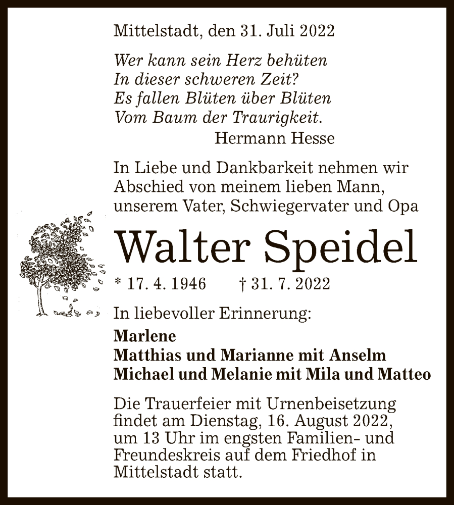  Traueranzeige für Walter Speidel vom 13.08.2022 aus Reutlinger General-Anzeiger
