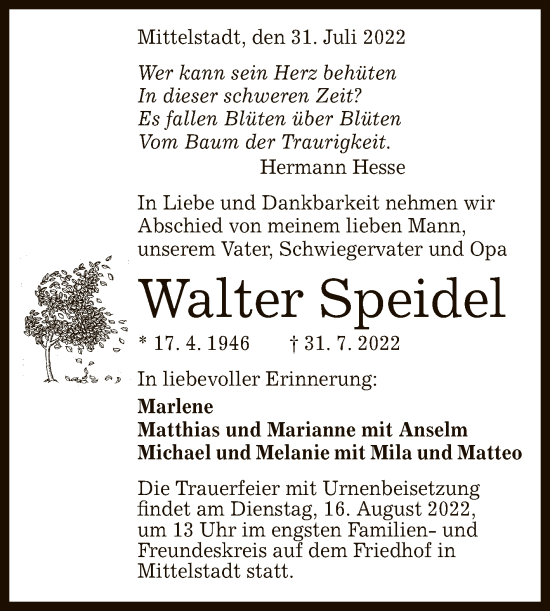 Anzeige von Walter Speidel von Reutlinger General-Anzeiger