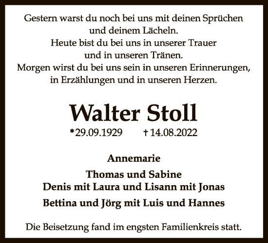 Anzeige von Walter Stoll von Reutlinger General-Anzeiger