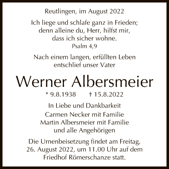 Anzeige von Werner Albersmeier von Reutlinger General-Anzeiger