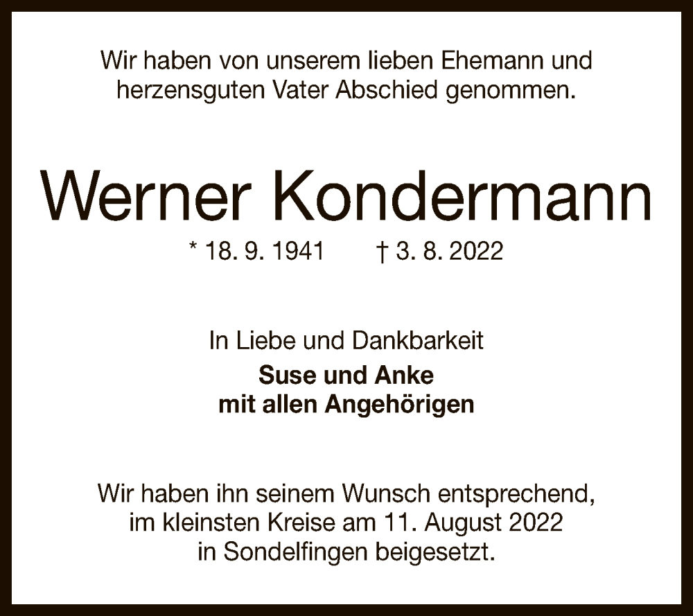  Traueranzeige für Werner Kondermann vom 13.08.2022 aus Reutlinger General-Anzeiger