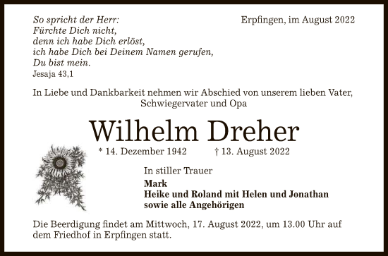 Anzeige von Wilhelm Dreher von Reutlinger General-Anzeiger