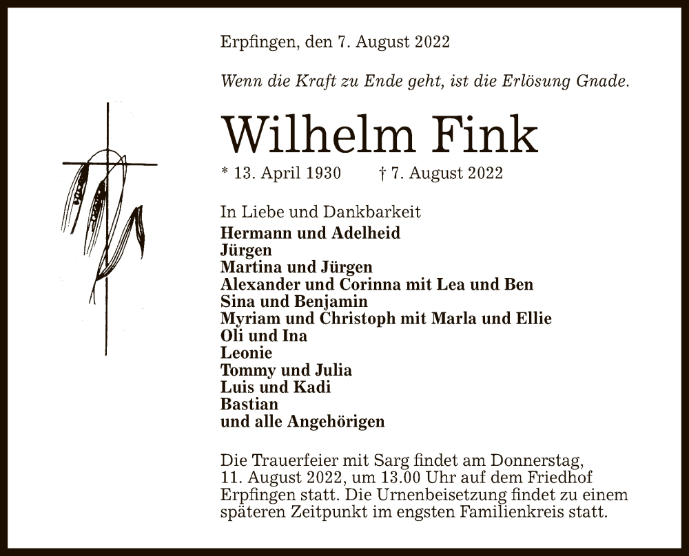  Traueranzeige für Wilhelm Fink vom 10.08.2022 aus Reutlinger General-Anzeiger