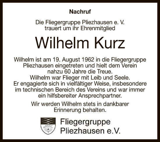 Anzeige von Wilhelm Kurz von Reutlinger General-Anzeiger