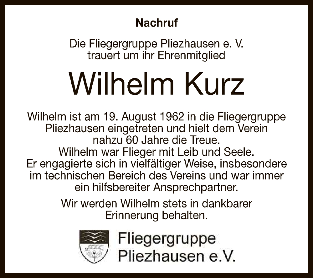  Traueranzeige für Wilhelm Kurz vom 09.08.2022 aus Reutlinger General-Anzeiger