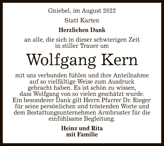 Anzeige von Wolfgang Kern von Reutlinger General-Anzeiger