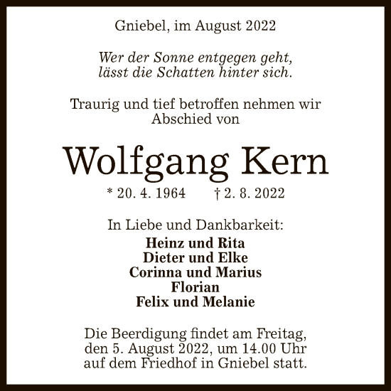 Anzeige von Wolfgang Kern von Reutlinger General-Anzeiger