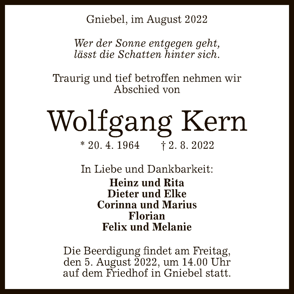  Traueranzeige für Wolfgang Kern vom 04.08.2022 aus Reutlinger General-Anzeiger