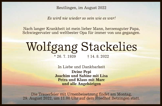 Anzeige von Wolfgang Stackelies von Reutlinger General-Anzeiger