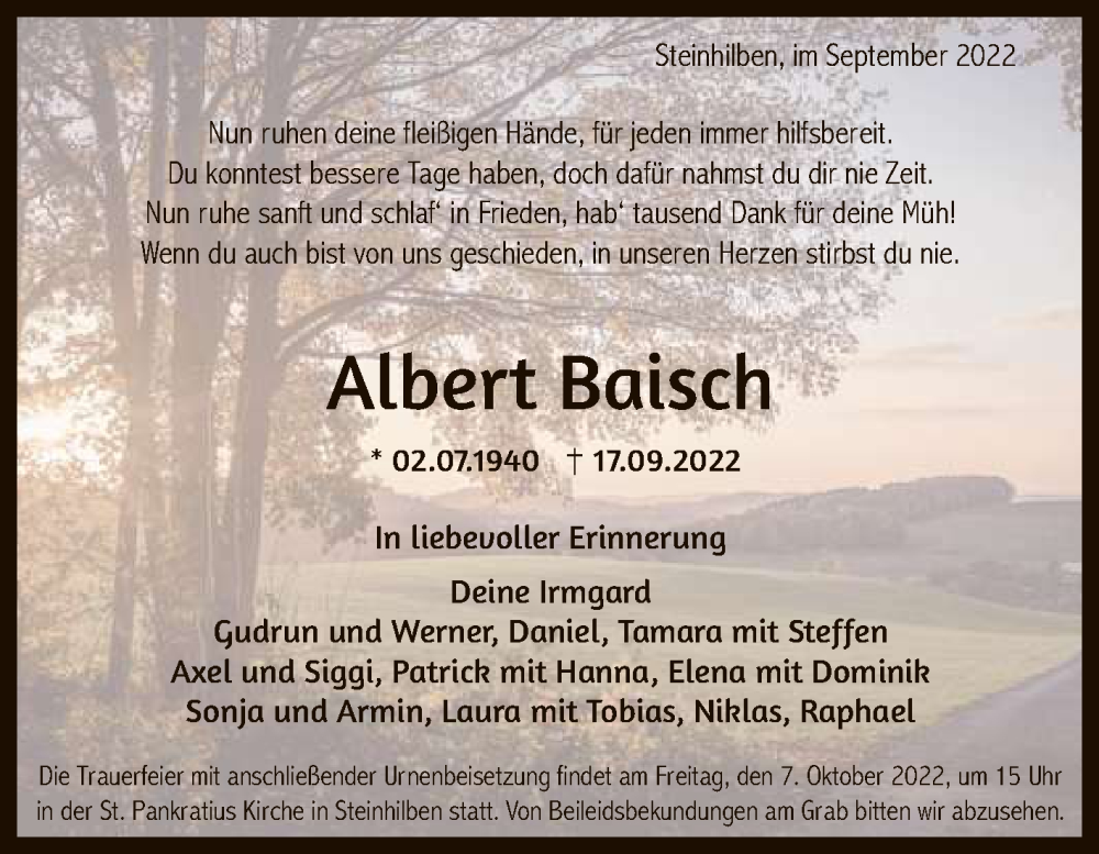  Traueranzeige für Albert Baisch vom 23.09.2022 aus Reutlinger General-Anzeiger
