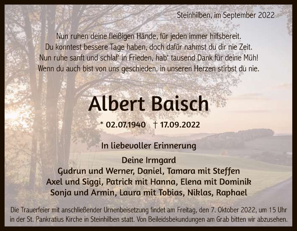  Traueranzeige für Albert Baisch vom 24.09.2022 aus Reutlinger General-Anzeiger