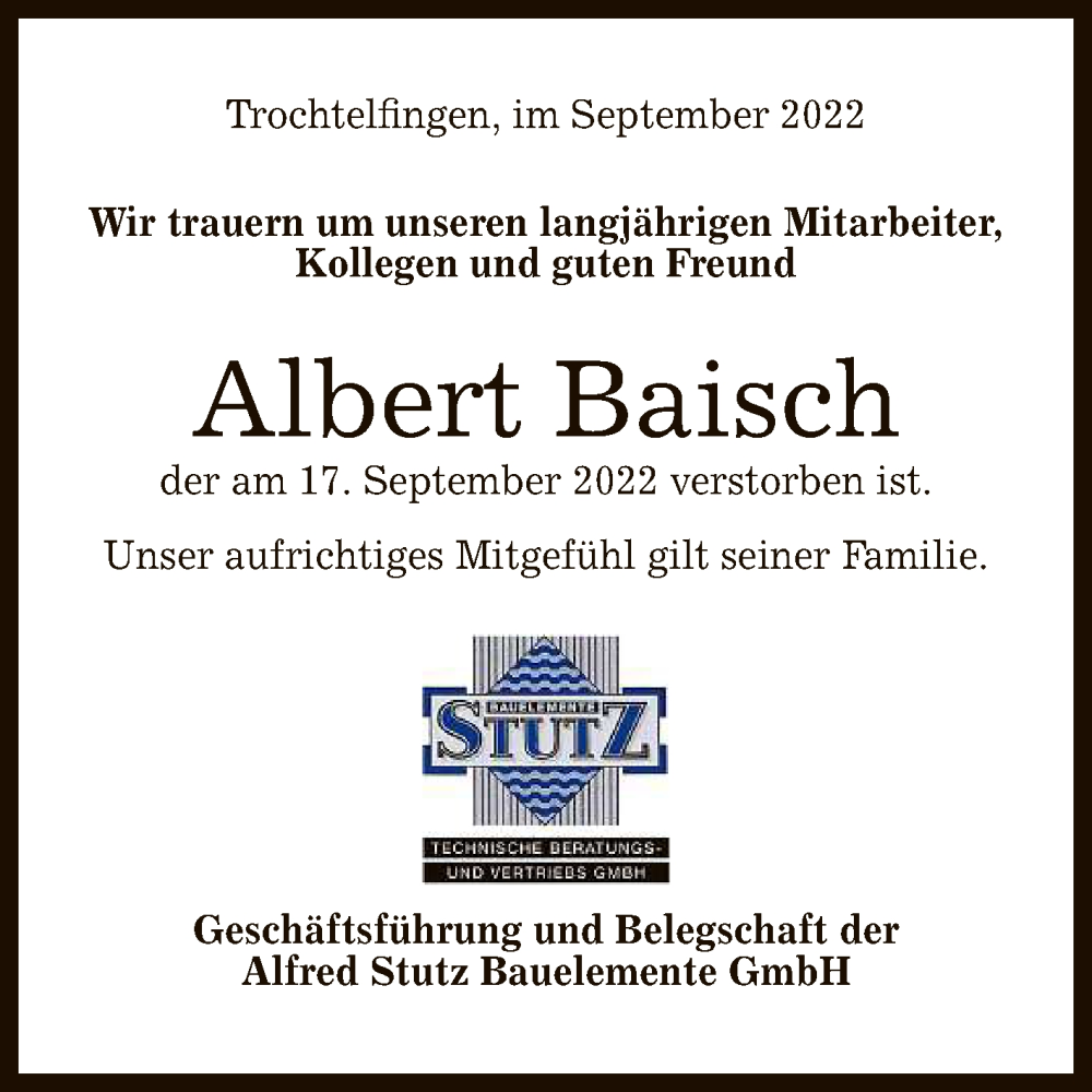  Traueranzeige für Albert Baisch vom 28.09.2022 aus Reutlinger General-Anzeiger