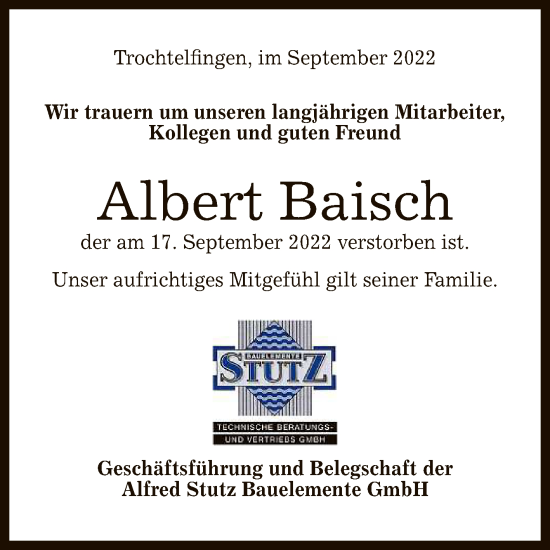 Anzeige von Albert Baisch von Reutlinger General-Anzeiger