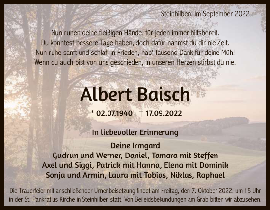 Anzeige von Albert Baisch von Reutlinger General-Anzeiger