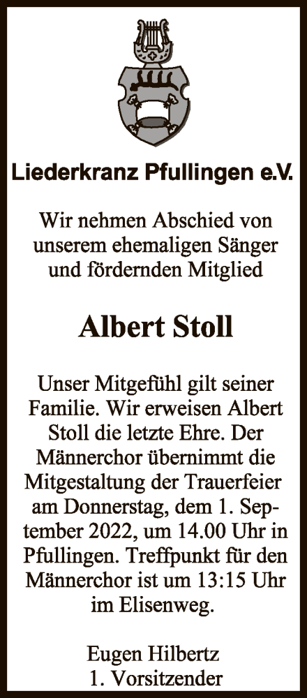 Anzeige von Albert Stoll von Reutlinger General-Anzeiger
