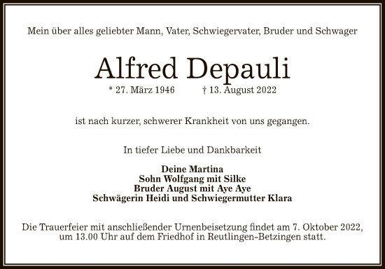 Anzeige von Alfred Depauli von Reutlinger General-Anzeiger