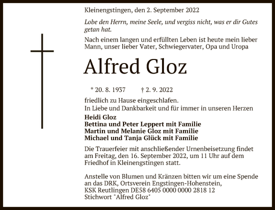 Anzeige von Alfred Gloz von Reutlinger General-Anzeiger