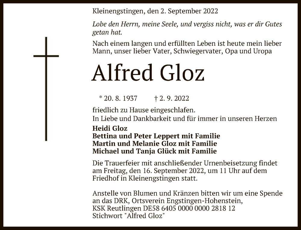  Traueranzeige für Alfred Gloz vom 13.09.2022 aus Reutlinger General-Anzeiger