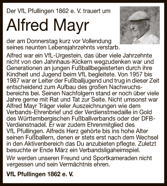 Anzeige von Alfred Mayr von Reutlinger General-Anzeiger