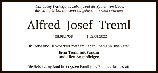 Anzeige von Alfred Josef Treml von Reutlinger General-Anzeiger