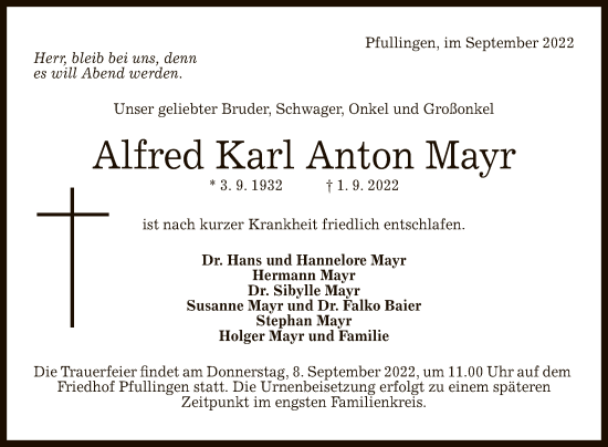 Anzeige von Alfred Karl Anton Mayr von Reutlinger General-Anzeiger