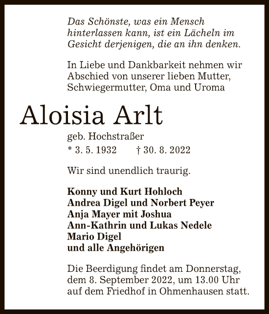 Anzeige von Aloisia Arlt von Reutlinger General-Anzeiger