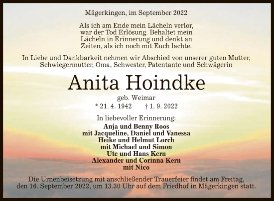 Anzeige von Anita Hoindke von Reutlinger General-Anzeiger