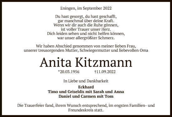 Anzeige von Anita Kitzmann von Reutlinger General-Anzeiger