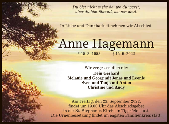 Anzeige von Anne Hagemann von Reutlinger General-Anzeiger