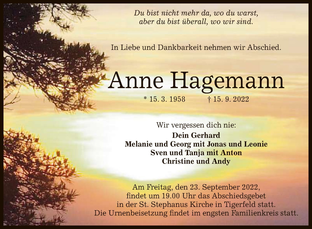  Traueranzeige für Anne Hagemann vom 21.09.2022 aus Reutlinger General-Anzeiger