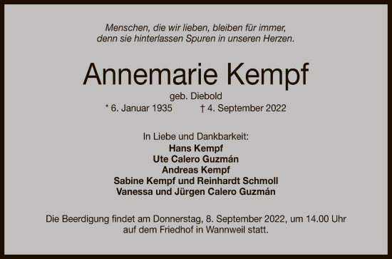 Anzeige von Annemarie Kempf von Reutlinger General-Anzeiger