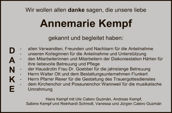 Anzeige von Annemarie Kempf von Reutlinger General-Anzeiger