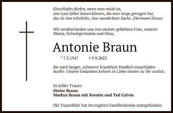Anzeige von Antonie Braun von Reutlinger General-Anzeiger