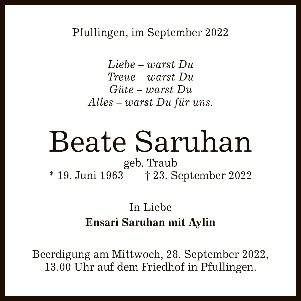  Traueranzeige für Beate Saruhan vom 26.09.2022 aus Reutlinger General-Anzeiger