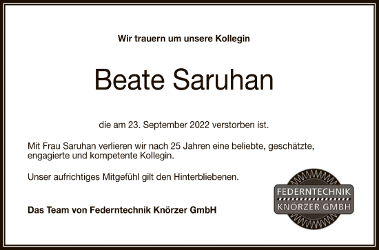 Anzeige von Beate Saruhan von Reutlinger General-Anzeiger