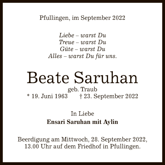 Anzeige von Beate Saruhan von Reutlinger General-Anzeiger