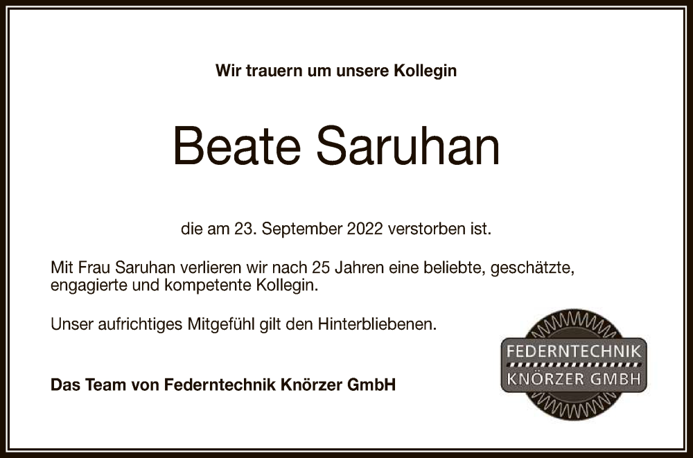  Traueranzeige für Beate Saruhan vom 28.09.2022 aus Reutlinger General-Anzeiger