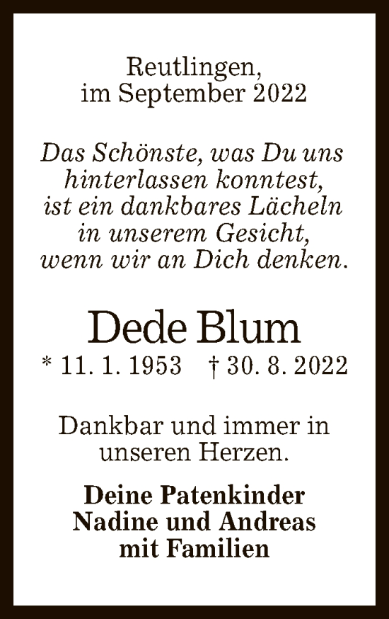 Anzeige von Dede Blum von Reutlinger General-Anzeiger