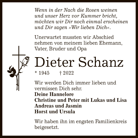 Anzeige von Dieter Schanz von Reutlinger General-Anzeiger